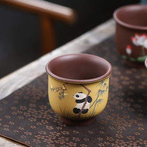 宜興手工泥繪熊貓主人杯180cc粉漿彩繪品茗杯