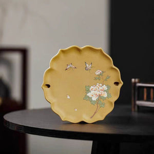 紫砂壺承乾泡盤段泥泥繪牡丹蝴蝶