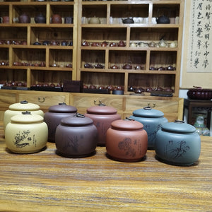 宜興紫砂銅釦四君子梅蘭菊竹茶罐