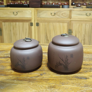 宜興紫砂紫泥銅釦四君子梅蘭菊竹茶罐