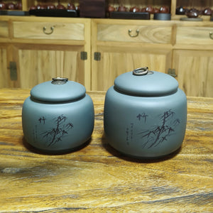 宜興紫砂綠泥銅釦四君子梅蘭菊竹茶罐