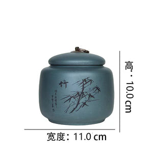 宜興紫砂銅釦四君茶葉罐4兩小罐-綠泥竹子