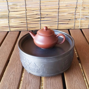 潮汕復古手工刻繪錫茶盤鼓型