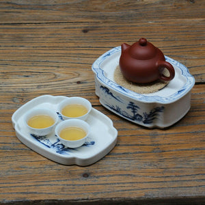 潮汕手繪青花陶瓷復古功夫茶盤壺承組