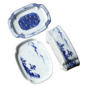 潮汕手繪青花陶瓷復古功夫茶盤壺承組三件式