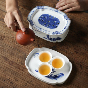 潮汕手繪青花陶瓷復古功夫茶盤壺承組