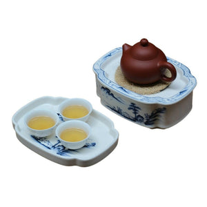 潮汕手繪青花陶瓷復古功夫茶盤壺承組