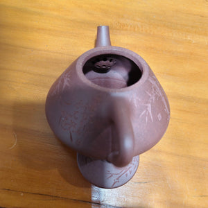 宜興紫砂壺全手工紫泥子冶石瓢壺150CC竹子刻繪款內部出水孔