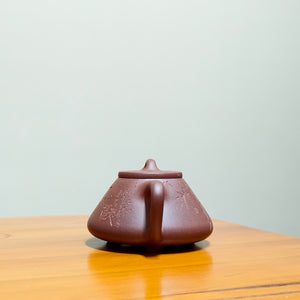 宜興全手工紫砂壺紫泥子冶石瓢壺150CC竹子刻繪款