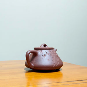 宜興全手工紫砂壺紫泥子冶石瓢壺150CC竹子刻繪款