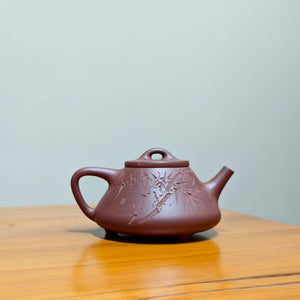 宜興全手工紫砂壺紫泥子冶石瓢壺150CC竹子刻繪款