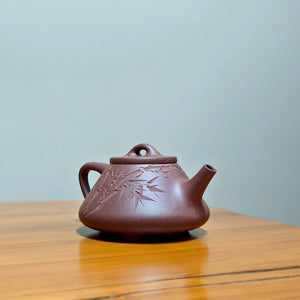 宜興全手工紫砂壺紫泥子冶石瓢壺150CC竹子刻繪款