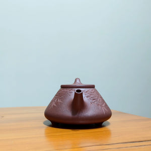 宜興全手工紫砂壺紫泥子冶石瓢壺150CC竹子刻繪款