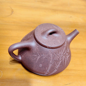 宜興全手工紫砂壺紫泥子冶石瓢壺150CC竹子刻繪款