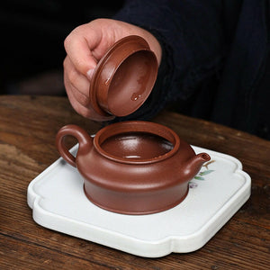 半手工製作的原礦紫泥底槽青虛扁壺210cc