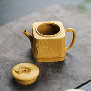 宜興紫砂壺段泥四方竹韻壺120cc 口蓋