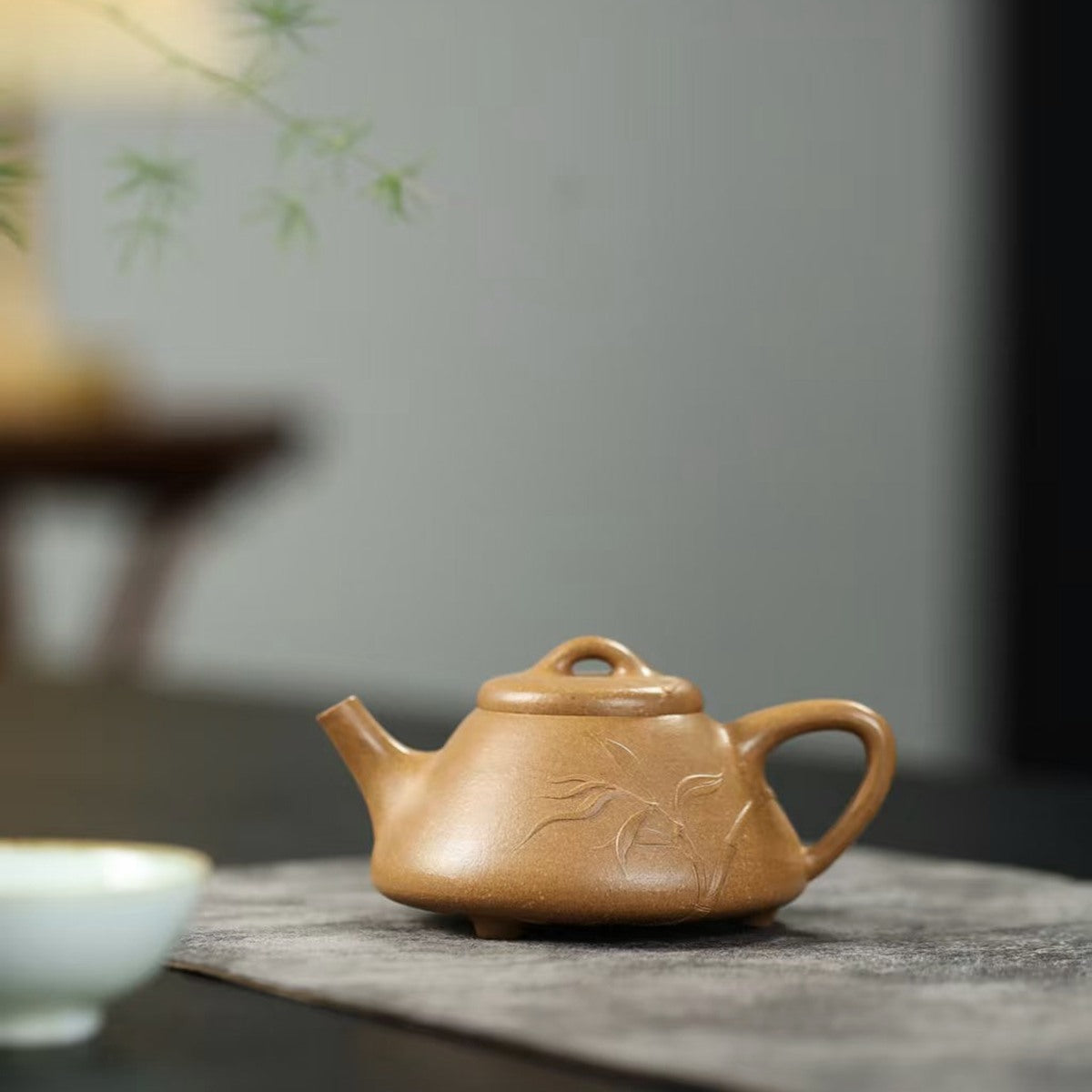 宜興紫砂壺｜黃降坡泥子冶石瓢壺貼花竹子半手工製作120CC – 嵐雲茶業
