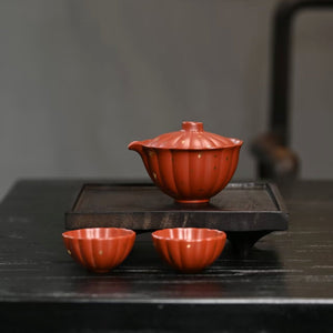 大紅袍朱泥菊瓣手抓壺一壺二杯旅行套組150cc