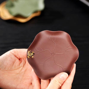 宜興紫砂茶具配件紫砂荷葉青蛙杯墊精美手工藝品紫泥款