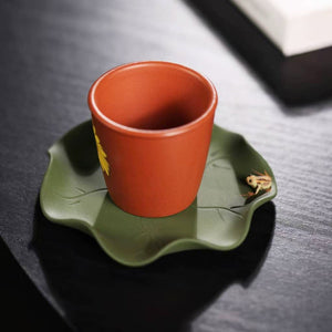 宜興紫砂茶具配件紫砂荷葉青蛙杯墊精美手工藝品綠泥款