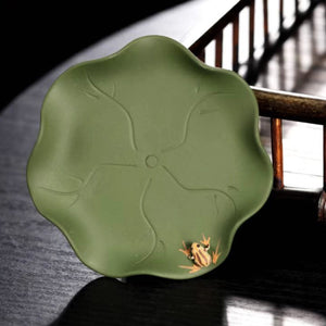 宜興紫砂茶具配件紫砂荷葉青蛙杯墊精美手工藝品綠泥款