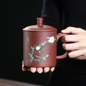 紫砂辦公杯420cc泥繪山茶花