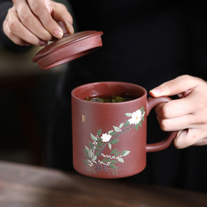 紫砂辦公杯420cc泥繪山茶花