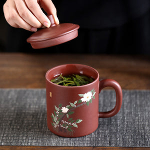 紫砂辦公杯420cc泥繪山茶花