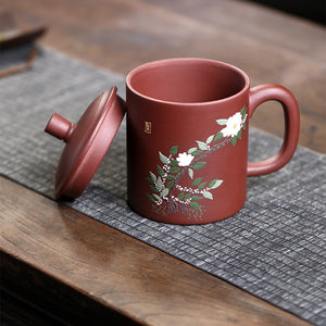 紫砂辦公杯420cc泥繪山茶花