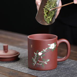 紫砂辦公杯420cc泥繪山茶花