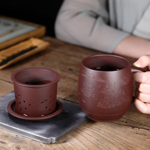 紫砂杯400cc山水刻繪辦公杯蓋杯