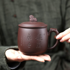紫砂蓋杯辦公杯400cc紫泥龍騰盛世