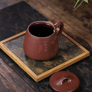 宜興紫砂杯紫泥420cc竹報平安刻繪辦公杯蓋杯