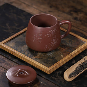 宜興紫砂杯紫泥420cc竹報平安刻繪辦公杯蓋杯