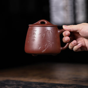 宜興紫砂杯紫泥420cc竹報平安刻繪辦公杯蓋杯