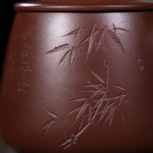 宜興紫砂杯紫泥420cc竹報平安刻繪辦公杯蓋杯