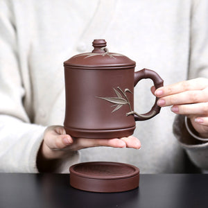 紫砂辦公杯470cc紫泥 有內膽 手工竹節竹節貼葉款五件套組