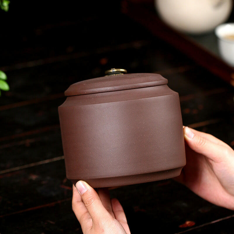 宜興紫砂茶葉罐紫泥銅釦蓋子茶倉
