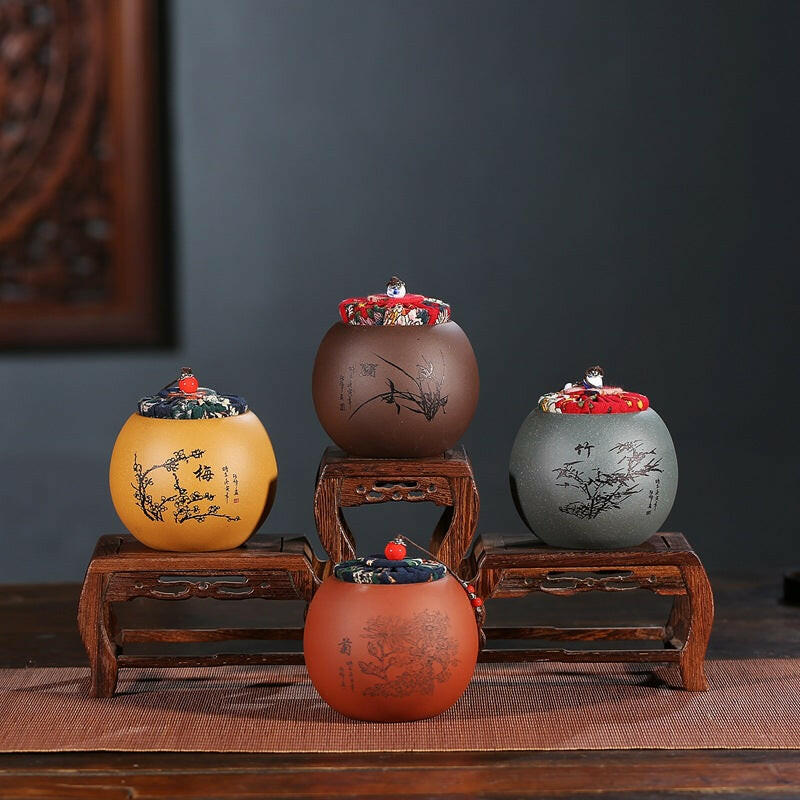 宜興紫砂茶葉罐軟木蓋四君子小茶倉.