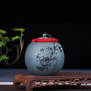 宜興紫砂茶葉罐軟木蓋四君子小茶倉.