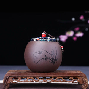 宜興紫砂茶葉罐軟木蓋四君子小茶倉.