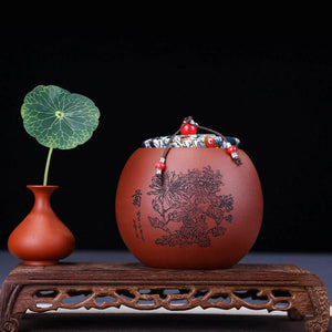 宜興紫砂茶葉罐軟木蓋四君子小茶倉.