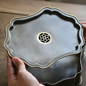 潮汕手工錫茶盤壺承黃銅鑲邊茶船