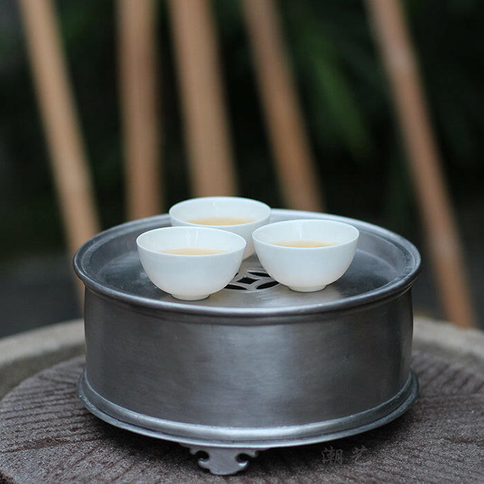 潮汕手工錫茶盤圓形壺承