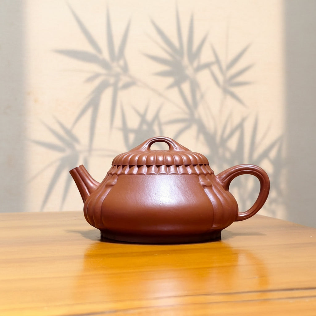 宜興紫砂朱泥筋紋石瓢壺170CC