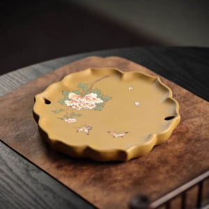 紫砂壺承乾泡盤段泥泥繪牡丹蝴蝶