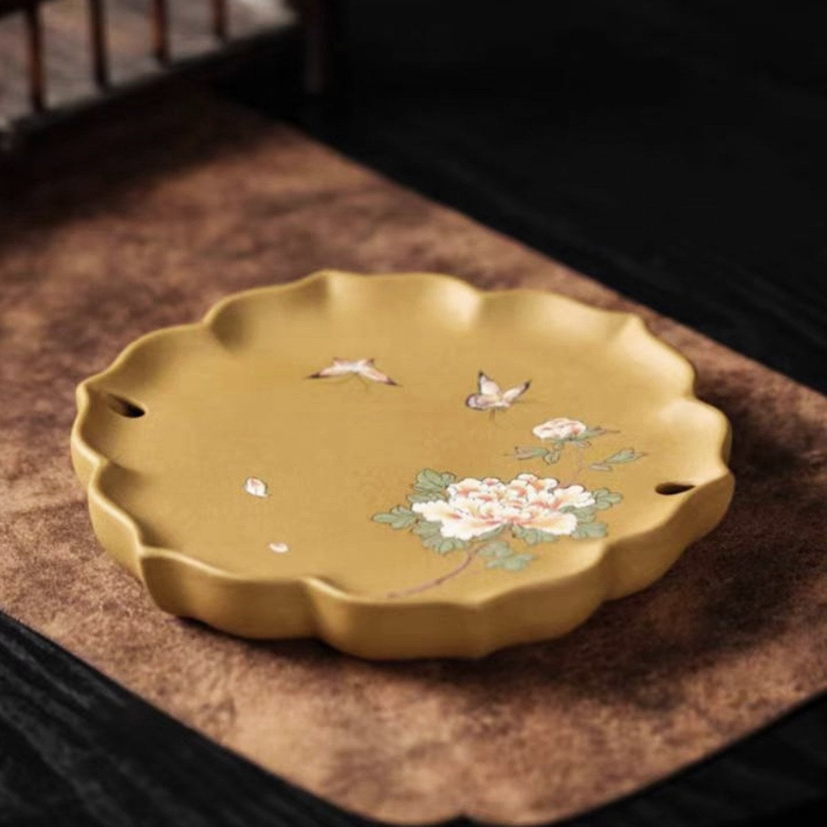 紫砂壺承乾泡盤段泥泥繪牡丹蝴蝶