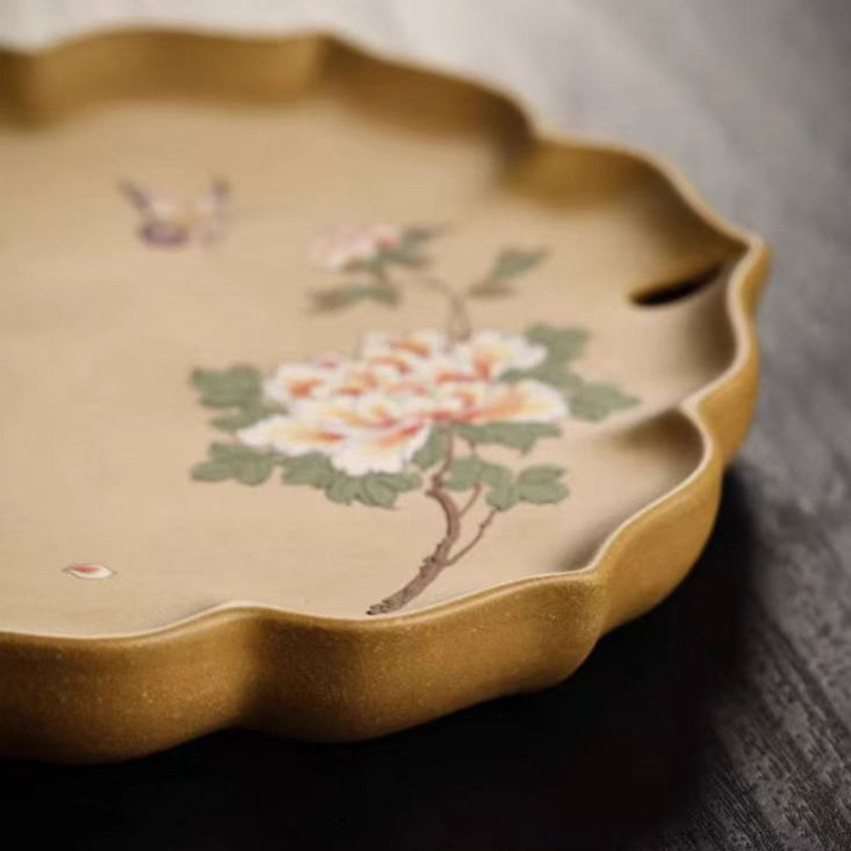 紫砂壺承乾泡盤段泥泥繪牡丹蝴蝶