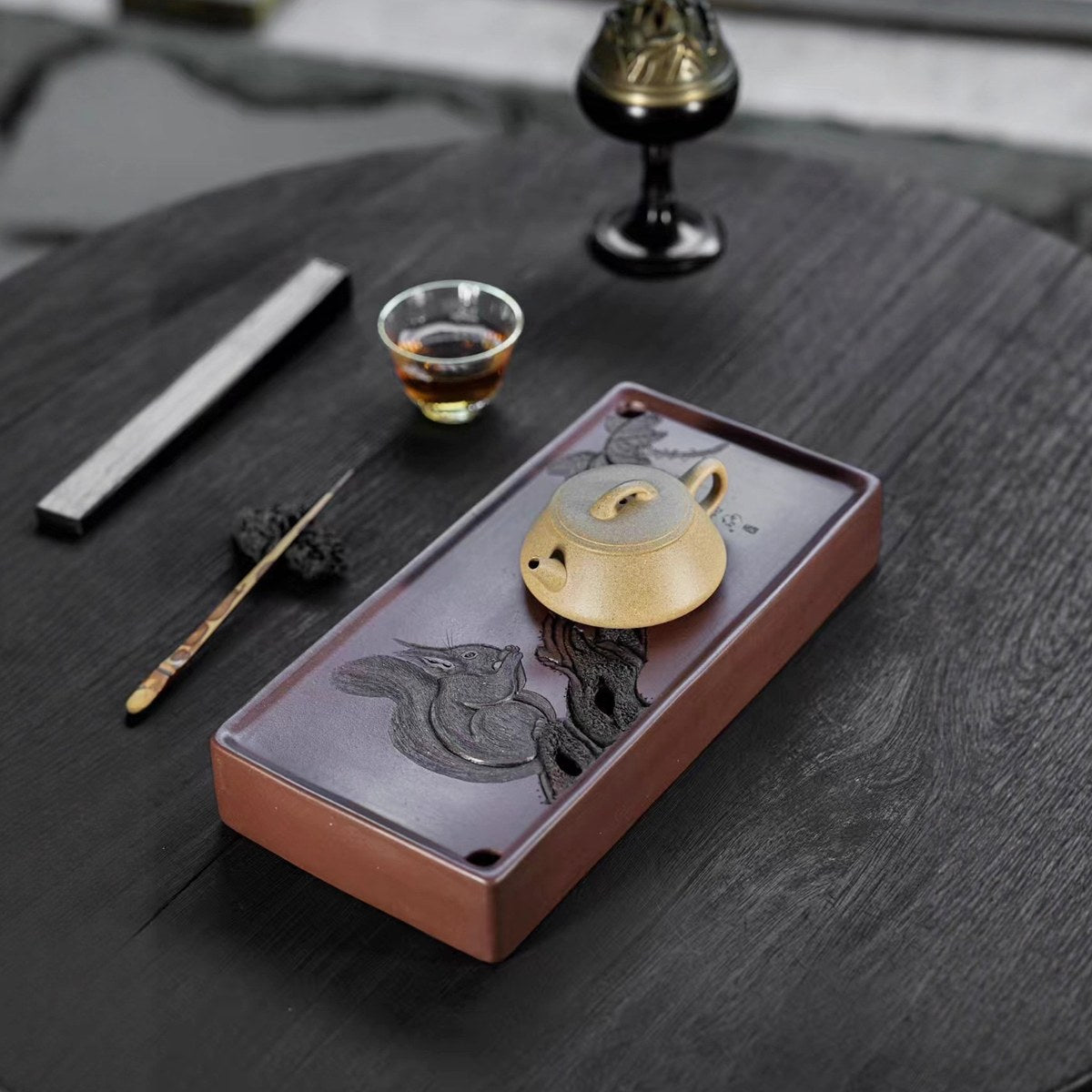 紫砂壺承茶盤紫泥松鼠葡萄茶盤