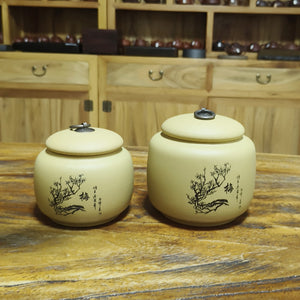 宜興紫砂銅釦四君子梅蘭菊竹茶罐段泥
